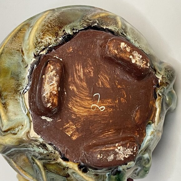 Vintage Majolica Green Glaze Leaves and Frog w Roses Vase Planter Incised Mark - Picture 10 of 14